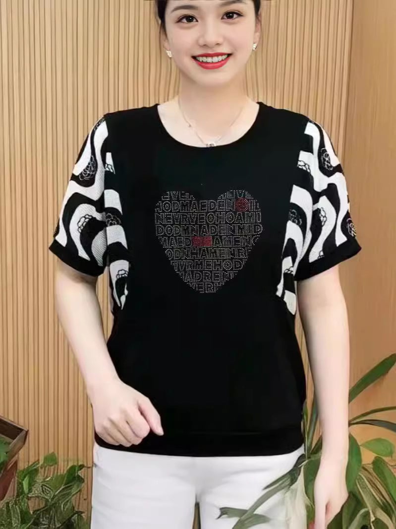 Mother'S Summer Ice Silk Short-Sleeved Top T-Shirt Fashionable Western Style Middle-Aged And Elderly Plus Size Loose Drilling Outer Small Shirt - Image 3