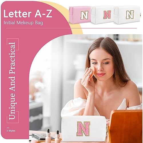 ChaoGreat Personalized Makeup Bag Initial A-Z Preppy Patch Bag,Small PU Leather Travel Cosmetic Bag Pouch with Zipper,White Cute Toiletry Bag,Gift Ideal for Teen Girls Women Birthday Friend Mom,Letter N - Image 5
