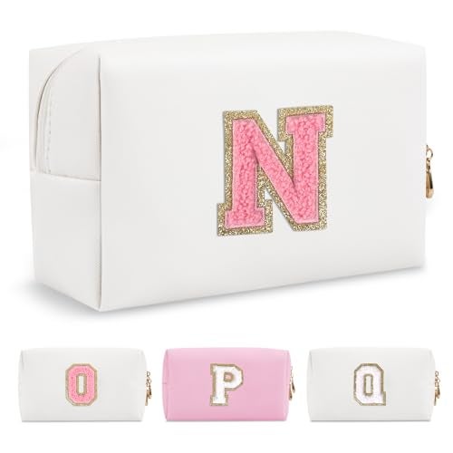 ChaoGreat Personalized Makeup Bag Initial A-Z Preppy Patch Bag,Small PU Leather Travel Cosmetic Bag Pouch with Zipper,White Cute Toiletry Bag,Gift Ideal for Teen Girls Women Birthday Friend Mom,Letter N - Image 1