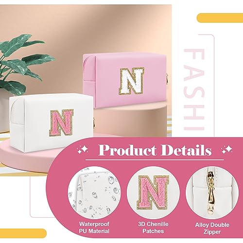 ChaoGreat Personalized Makeup Bag Initial A-Z Preppy Patch Bag,Small PU Leather Travel Cosmetic Bag Pouch with Zipper,White Cute Toiletry Bag,Gift Ideal for Teen Girls Women Birthday Friend Mom,Letter N - Image 3