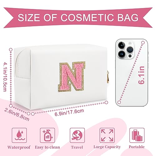 ChaoGreat Personalized Makeup Bag Initial A-Z Preppy Patch Bag,Small PU Leather Travel Cosmetic Bag Pouch with Zipper,White Cute Toiletry Bag,Gift Ideal for Teen Girls Women Birthday Friend Mom,Letter N - Image 2