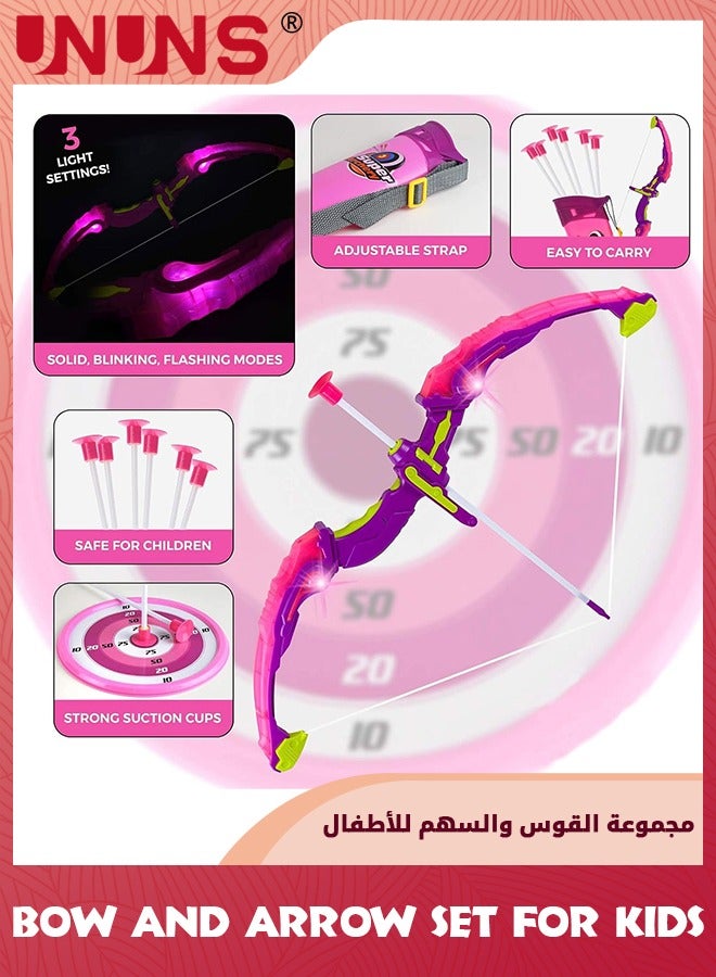 UNUNS القوس والسهم للأطفال مع أضواء فلاش LED، مجموعة لعبة قوس الرماية مع 10 سهام أكواب شفط، هدف وجعبة، ممارسة الألعاب في الهواء الطلق للأطفال، هدايا للأولاد والبنات الذين تتراوح أعمارهم بين 5-14 سنة - Image 3