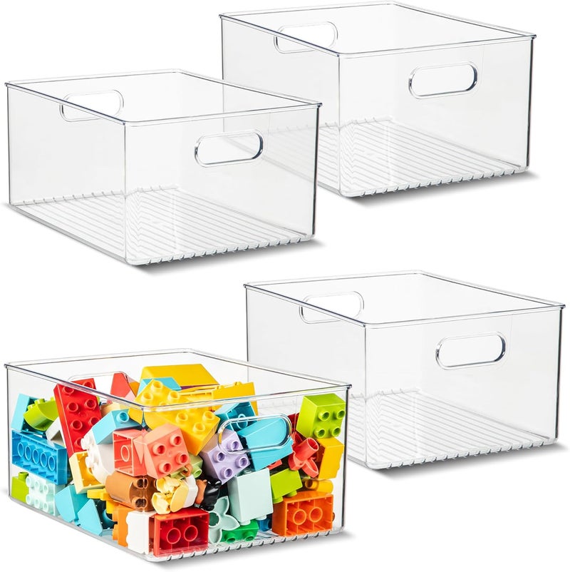 PrimeBox Plastic Food Storage 4 Pack Clear Container Bin with Handles for Organizing Kitchen, Pantry, Refrigerator, Freezer, Pantry, Cabinet, Closet, Bathroom 10”x8”x5” - Image 1