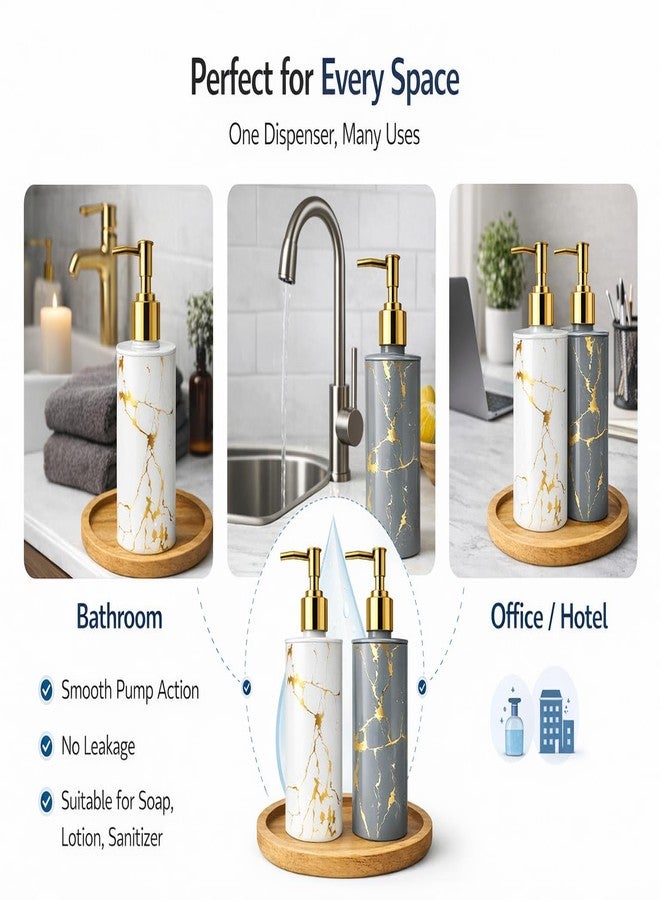 LAGET® Refillable Marble Pattern Plastic Soap Dispenser Set with Gold Pump | Bathroom Kitchen Sink Wash Basin for Hand Wash & Lotion Bottle | Modern Countertop Decor (300ml) (White and Grey) - Image 4