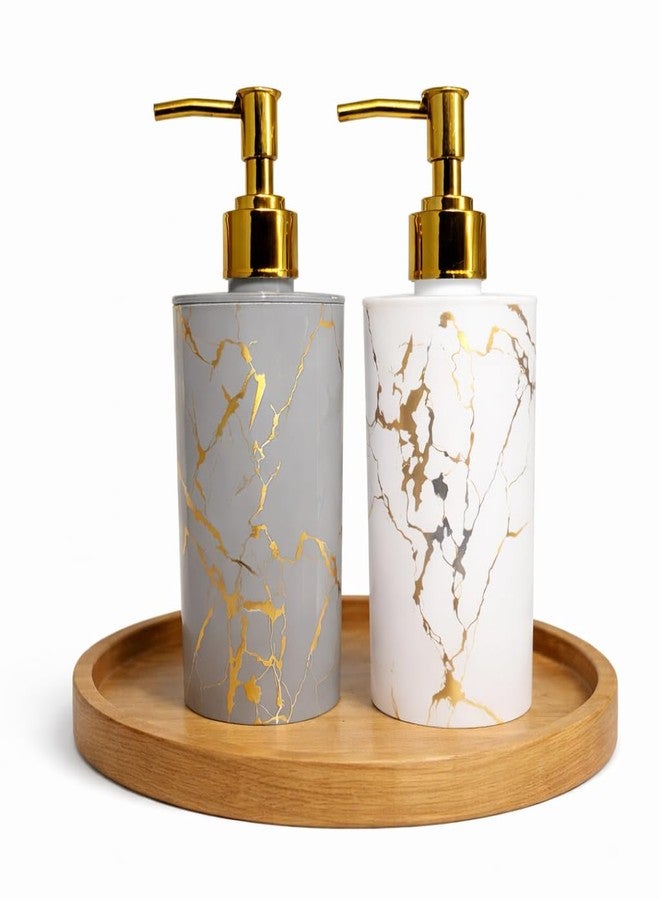 LAGET® Refillable Marble Pattern Plastic Soap Dispenser Set with Gold Pump | Bathroom Kitchen Sink Wash Basin for Hand Wash & Lotion Bottle | Modern Countertop Decor (300ml) (White and Grey) - Image 2