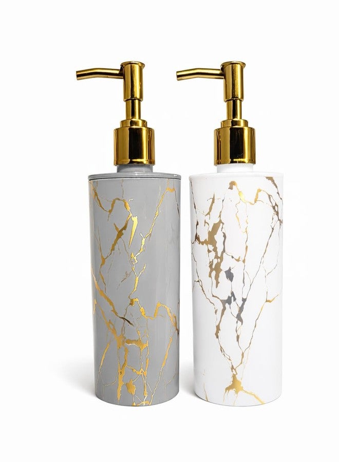 LAGET® Refillable Marble Pattern Plastic Soap Dispenser Set with Gold Pump | Bathroom Kitchen Sink Wash Basin for Hand Wash & Lotion Bottle | Modern Countertop Decor (300ml) (White and Grey) - Image 3