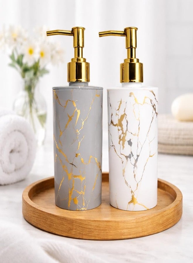 LAGET® Refillable Marble Pattern Plastic Soap Dispenser Set with Gold Pump | Bathroom Kitchen Sink Wash Basin for Hand Wash & Lotion Bottle | Modern Countertop Decor (300ml) (White and Grey) - Image 1