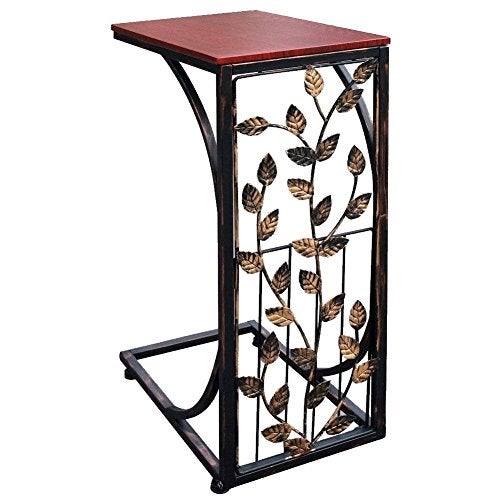 Carol Wright Gifts Sofa Side and End Table Small  Metal Dark Brown Wood Top With Leaf Design  Perfect for Your Living Room Slides Up To Sofa  Chair  Recliner  Keep Snacks Drinks Books  Phone At Easy Reach 