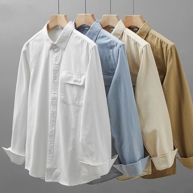 American Heavy-Duty Work Shirt Long-Sleeved Men'S Pocket Pure Cotton High-End White Shirt Jacket - Image 3