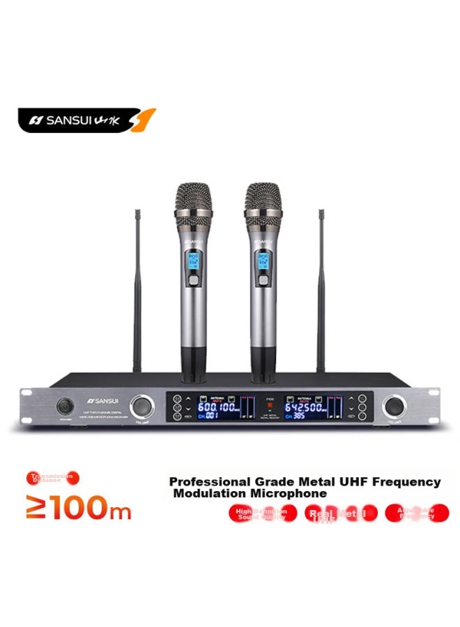 Sansui H2s Handheld Dual Wireless Microphone System, Professional Conference Speech Microphone, 100-meter Transmission, For Stage Singing, Home Use, Hosting, Training, Broadcasting, Weddings, Ktv - Image 1