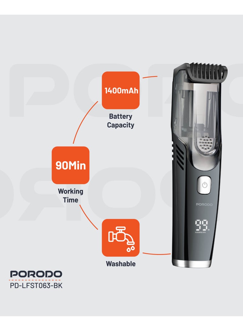 porodo Air Suction Trimmer 1400mAh / Trimming Without the Mess / Beard and Body Trimmer / Easy to Clean / Effortless Shaving - Black - Image 2