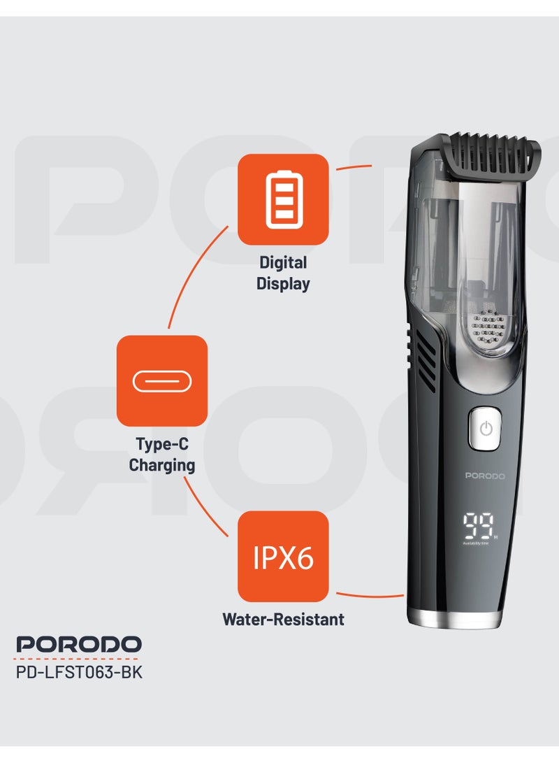 porodo Air Suction Trimmer 1400mAh / Trimming Without the Mess / Beard and Body Trimmer / Easy to Clean / Effortless Shaving - Black - Image 3