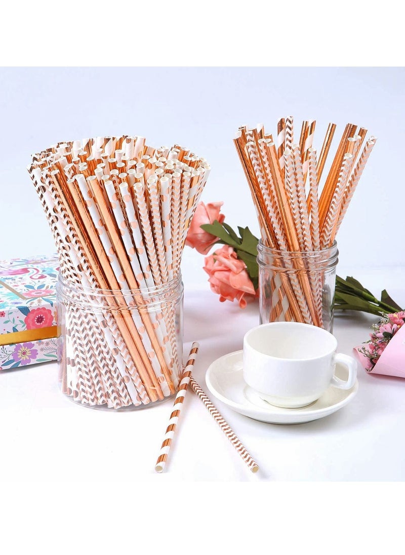Y&D - Paper Straws, Disposable Drinking Straws Biodegradable Foil Rose Gold Striped and Solid for Party Wedding Celebrations Decorations - Image 1