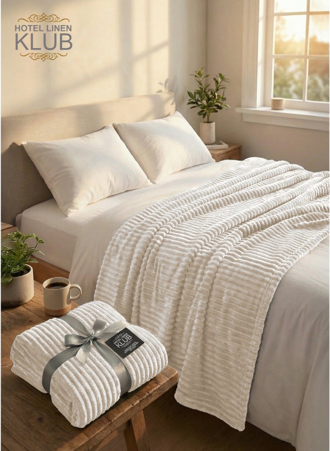 Hotel Linen Klub Ultra-Soft Microfleece Blanket Single (150x200 cm) – Lightweight 300GSM Throw Blanket with Stripe Pattern, Warm and Breathable for Year-Round Use, Ivory - Image 4