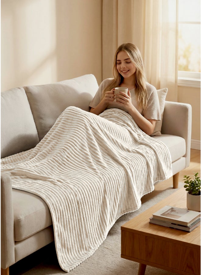 Hotel Linen Klub Ultra-Soft Microfleece Blanket Single (150x200 cm) – Lightweight 300GSM Throw Blanket with Stripe Pattern, Warm and Breathable for Year-Round Use, Ivory - Image 3