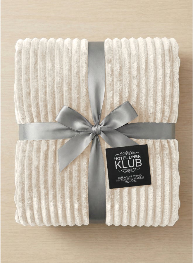 Hotel Linen Klub Ultra-Soft Microfleece Blanket Single (150x200 cm) – Lightweight 300GSM Throw Blanket with Stripe Pattern, Warm and Breathable for Year-Round Use, Ivory - Image 1