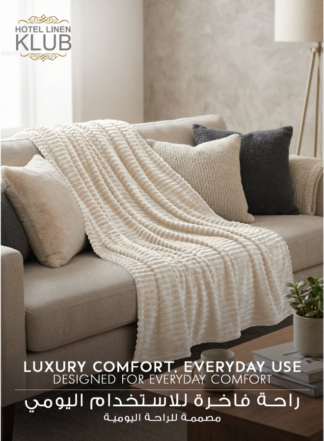 Hotel Linen Klub Ultra-Soft Microfleece Blanket Single (150x200 cm) – Lightweight 300GSM Throw Blanket with Stripe Pattern, Warm and Breathable for Year-Round Use, Ivory - Image 2