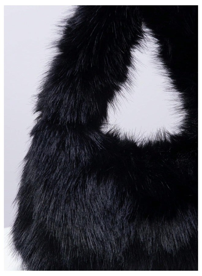 SHENHE Women's Fuzzy Faux Fur Crescent Shoulder Bag Plush Purse Underarm Handbag Hobo Tote Black One Size - Image 3