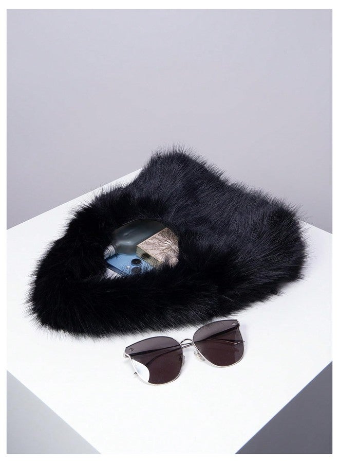 SHENHE Women's Fuzzy Faux Fur Crescent Shoulder Bag Plush Purse Underarm Handbag Hobo Tote Black One Size - Image 4