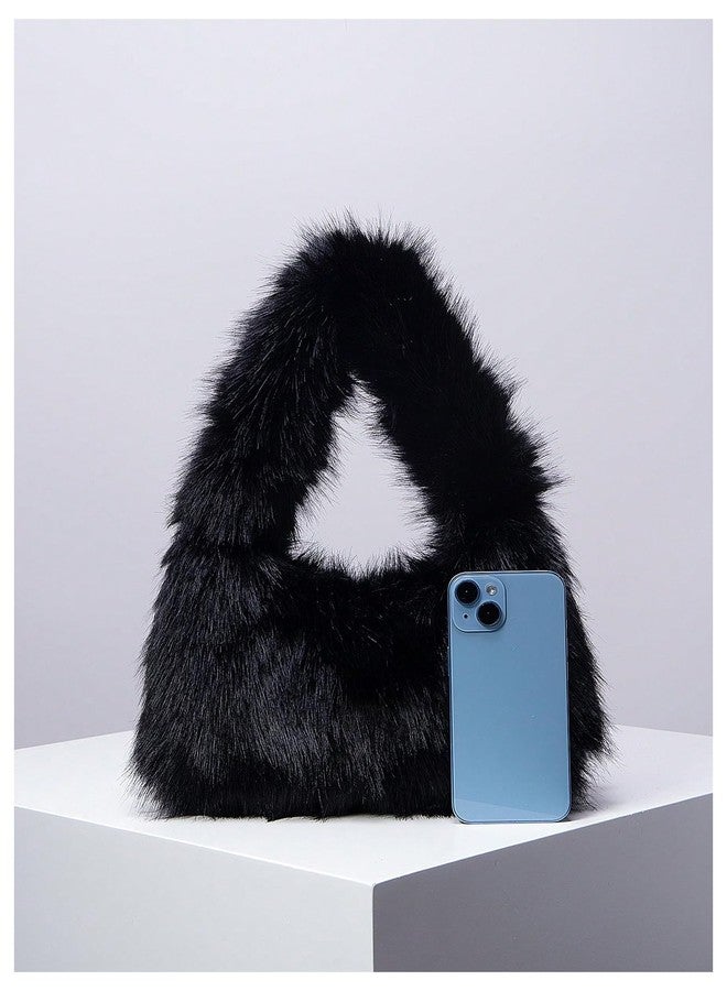 SHENHE Women's Fuzzy Faux Fur Crescent Shoulder Bag Plush Purse Underarm Handbag Hobo Tote Black One Size - Image 2