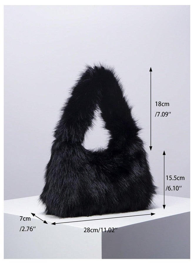 SHENHE Women's Fuzzy Faux Fur Crescent Shoulder Bag Plush Purse Underarm Handbag Hobo Tote Black One Size - Image 5