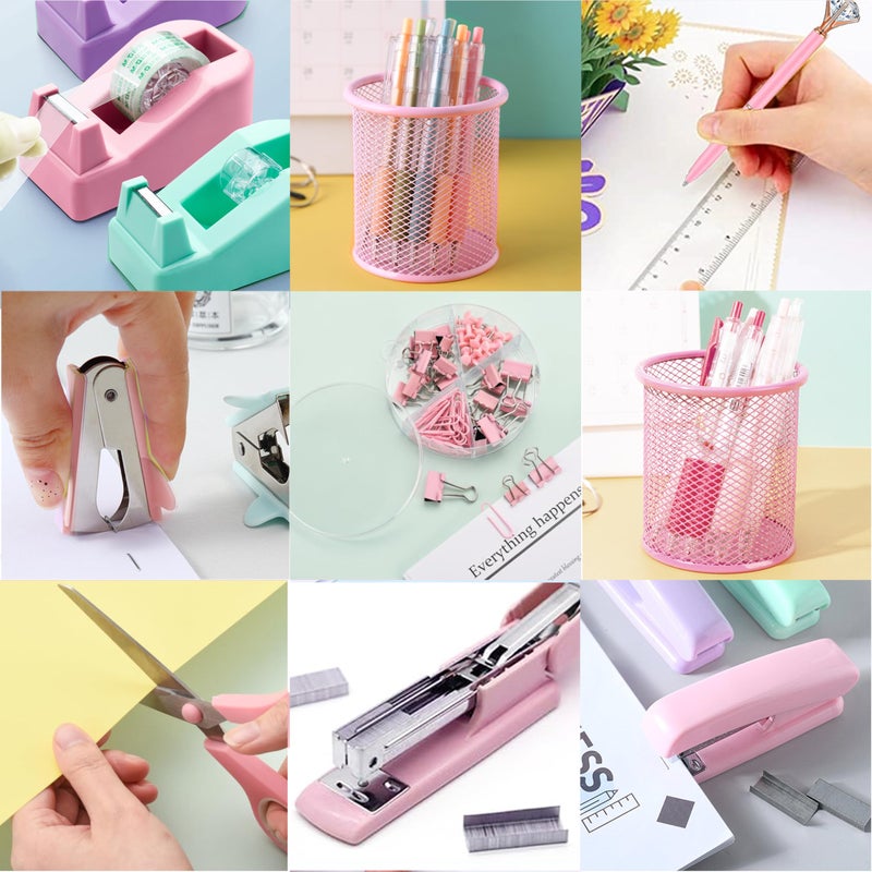 Famassi Pink Office Supplies, Pink Desk Accessories, Stapler, Staple Remover, Tape Holder, Pen Holder, Ballpoint Pen, Scissor, Binder Clips, Paper Clips and 1000pcs Staples. - Image 5