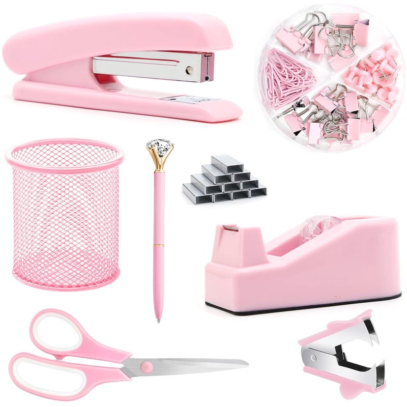 Famassi Pink Office Supplies, Pink Desk Accessories, Stapler, Staple Remover, Tape Holder, Pen Holder, Ballpoint Pen, Scissor, Binder Clips, Paper Clips and 1000pcs Staples. - Image 1