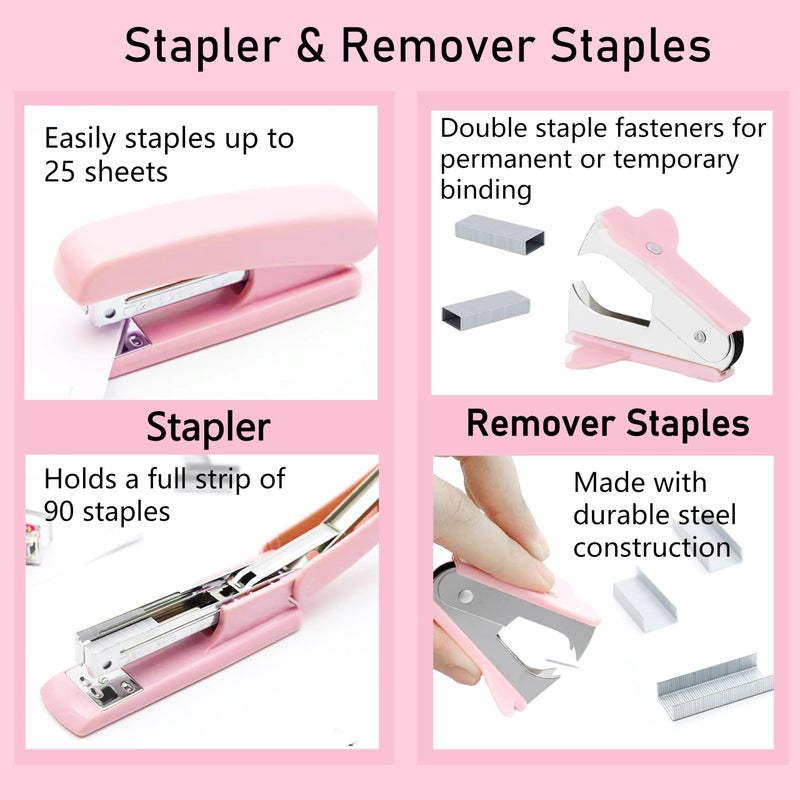Famassi Pink Office Supplies, Pink Desk Accessories, Stapler, Staple Remover, Tape Holder, Pen Holder, Ballpoint Pen, Scissor, Binder Clips, Paper Clips and 1000pcs Staples. - Image 3