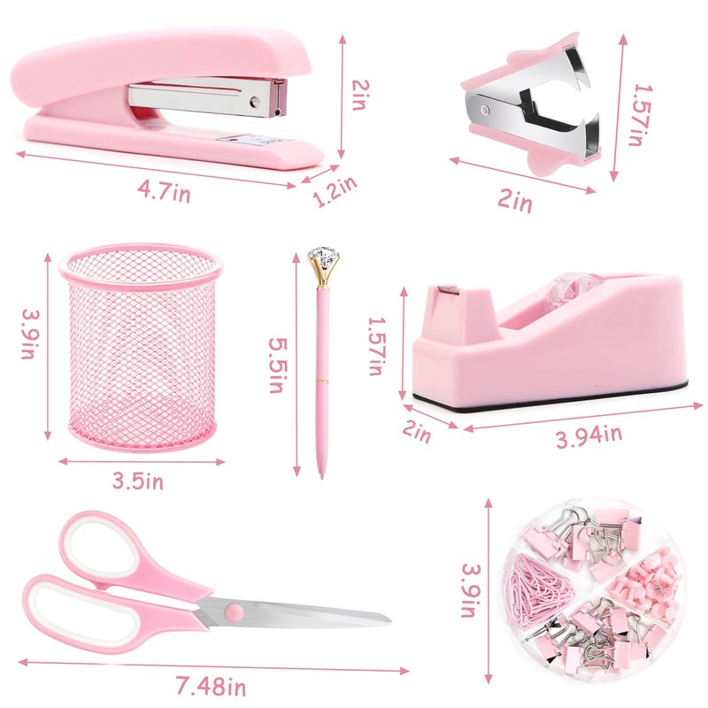 Famassi Pink Office Supplies, Pink Desk Accessories, Stapler, Staple Remover, Tape Holder, Pen Holder, Ballpoint Pen, Scissor, Binder Clips, Paper Clips and 1000pcs Staples. - Image 2