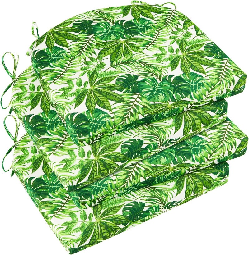Basic Beyond Outdoor Chair Cushions for Patio Furniture, Waterproof Outdoor Cushions, Round Corner Patio Chair Cushions Set of 4 with Ties, 17"x16"x2", Green Leaves - Image 1