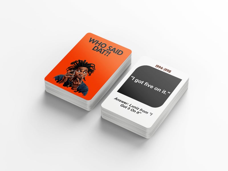 Kinfolk Who Say Dat Hip Hop Trivia 76 بطاقات التخمين الغنائية لموسيقى الراب، إصدار موسيقى الحفلة، اختبار لعبة بطاقة الثقافة الحضرية الخاصة بك في الهيب هوب IQ لتحدي فرقة العائلة والأصدقاء - Image 3