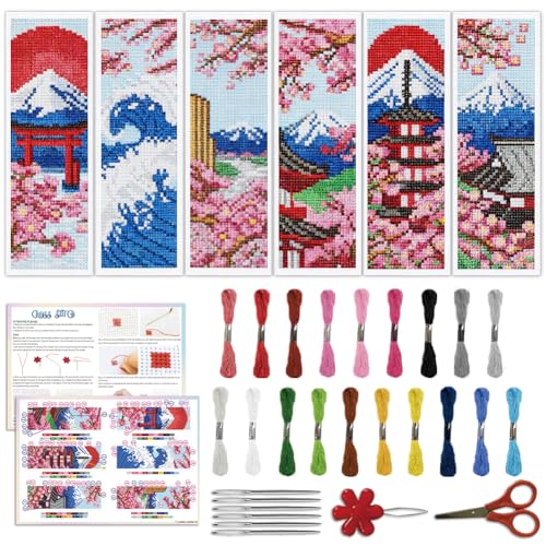 ACRNIGHEET 6PCS Cross Stitch Bookmark Kit for Beginner Stamped Cross Stitch Kits for Adults Japanese Style DIY Embroidery Bookmark Kits Needlepoint Kit with Instructions Craft Gift 8.5''x3'' 11CT - Image 1
