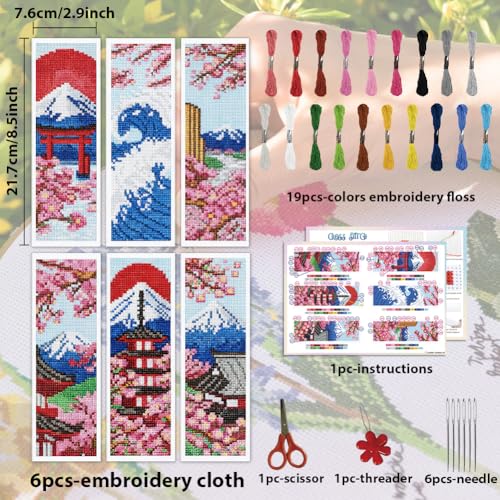 ACRNIGHEET 6PCS Cross Stitch Bookmark Kit for Beginner Stamped Cross Stitch Kits for Adults Japanese Style DIY Embroidery Bookmark Kits Needlepoint Kit with Instructions Craft Gift 8.5''x3'' 11CT - Image 2
