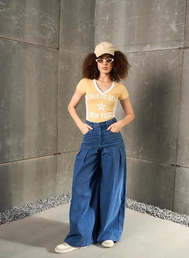 ساسافراس Sassafras Beige New York Print V Neck Fitted T-Shirt