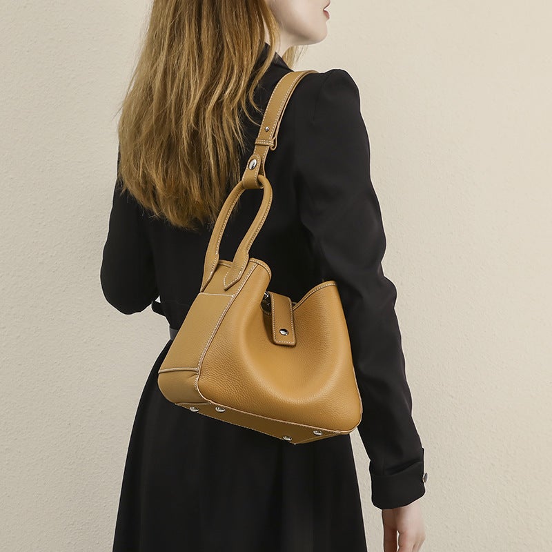 Genuine Leather Women'S Bag Individuality Niche Design Vegetable Basket Solid Color Women'S Bag Elegant Soft Leather Bucket Bag Handbag - Image 3