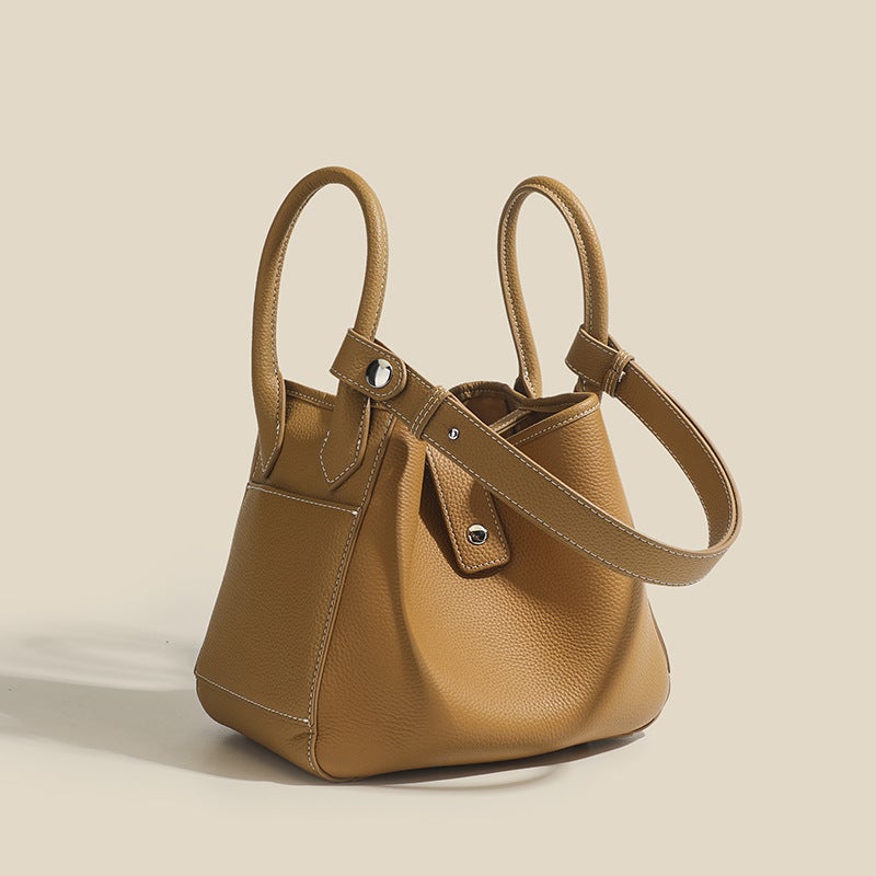 Genuine Leather Women'S Bag Individuality Niche Design Vegetable Basket Solid Color Women'S Bag Elegant Soft Leather Bucket Bag Handbag - Image 1