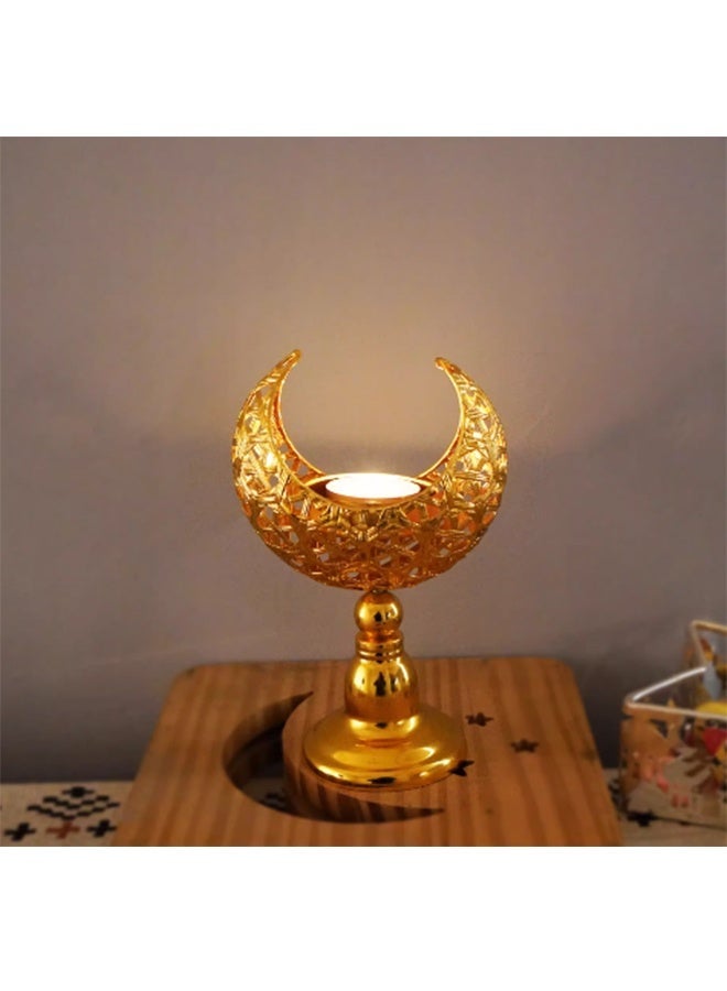 Golden Hollow Cutout Crescent Moon Iron Candle Holder, Ramadan Eid Tabletop Aromatherapy Candle Stand, Decorative Islamic Centerpiece Ornament Gift for Home Bedroom Office Villa - Image 3