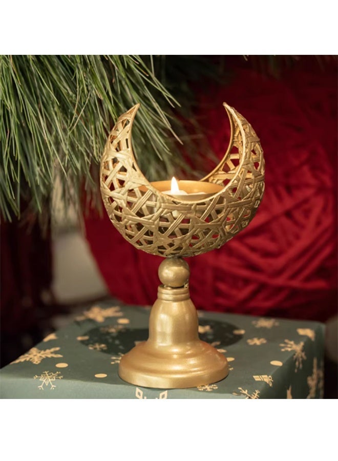 Golden Hollow Cutout Crescent Moon Iron Candle Holder, Ramadan Eid Tabletop Aromatherapy Candle Stand, Decorative Islamic Centerpiece Ornament Gift for Home Bedroom Office Villa - Image 1