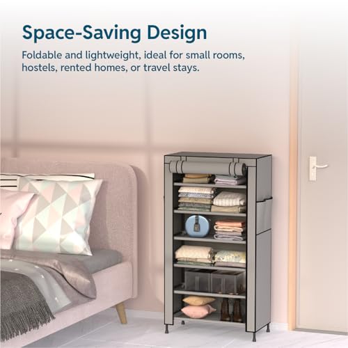 HAUSWAY Foldable Wardrobe for Clothes, Multipurpose Collapsible Fabric and Plastic Cupboard for Bedroom, 1-Door Wardrobe with 6 Shelves - Grey - Image 2
