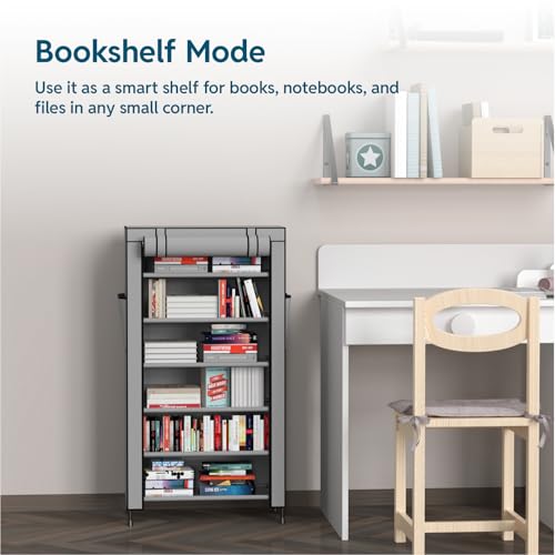 HAUSWAY Foldable Wardrobe for Clothes, Multipurpose Collapsible Fabric and Plastic Cupboard for Bedroom, 1-Door Wardrobe with 6 Shelves - Grey - Image 4