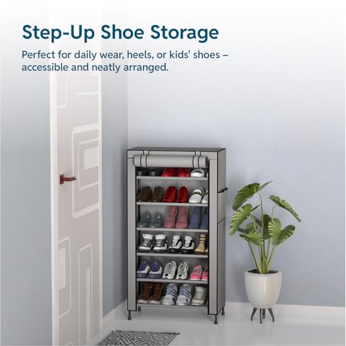 HAUSWAY Foldable Wardrobe for Clothes, Multipurpose Collapsible Fabric and Plastic Cupboard for Bedroom, 1-Door Wardrobe with 6 Shelves - Grey - Image 3