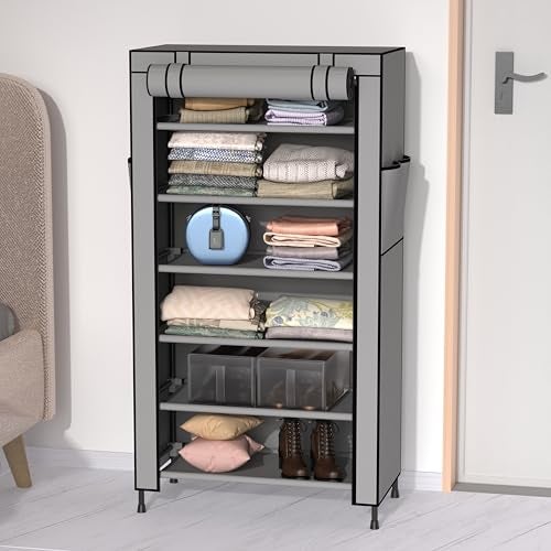 HAUSWAY Foldable Wardrobe for Clothes, Multipurpose Collapsible Fabric and Plastic Cupboard for Bedroom, 1-Door Wardrobe with 6 Shelves - Grey - Image 1