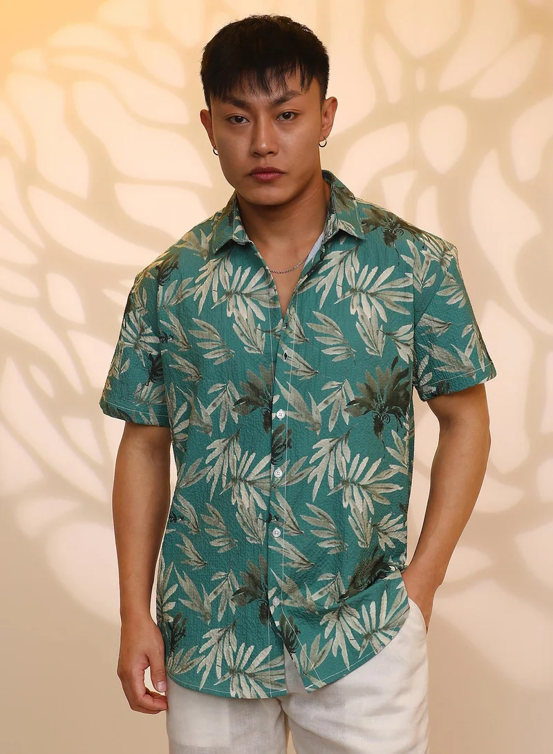 Campus Sutra Men's Sea Green Breezy Foliage Shirt