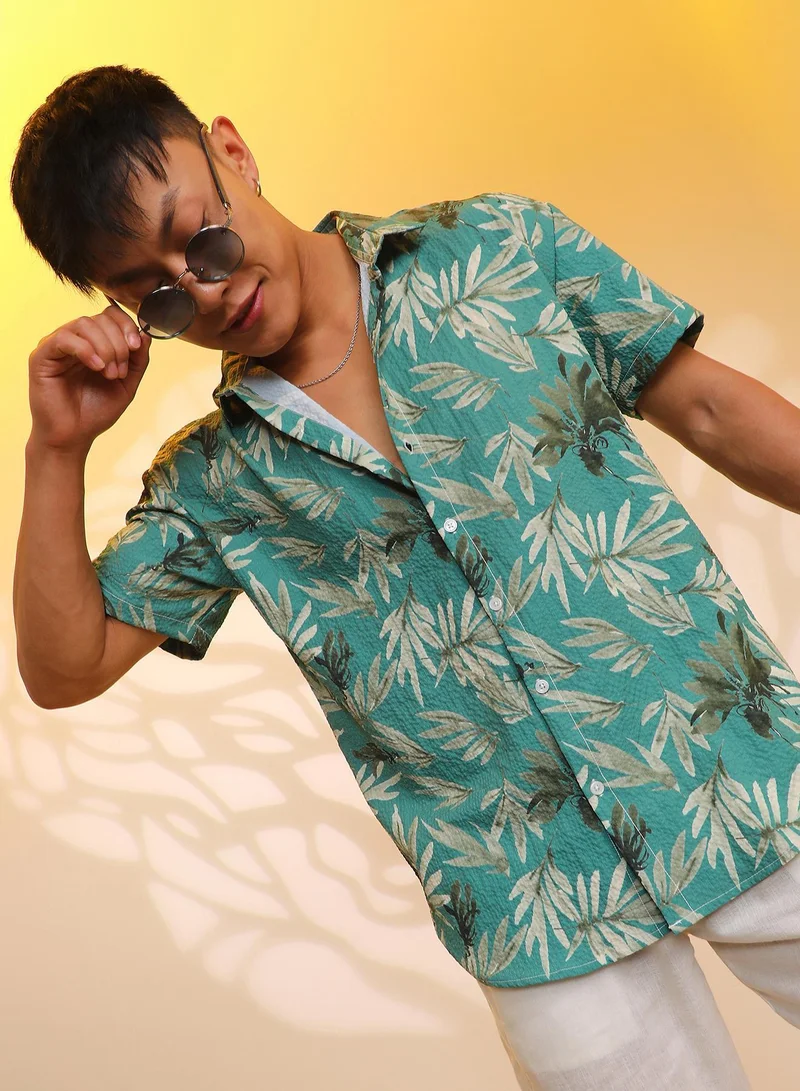 Campus Sutra Men's Sea Green Breezy Foliage Shirt