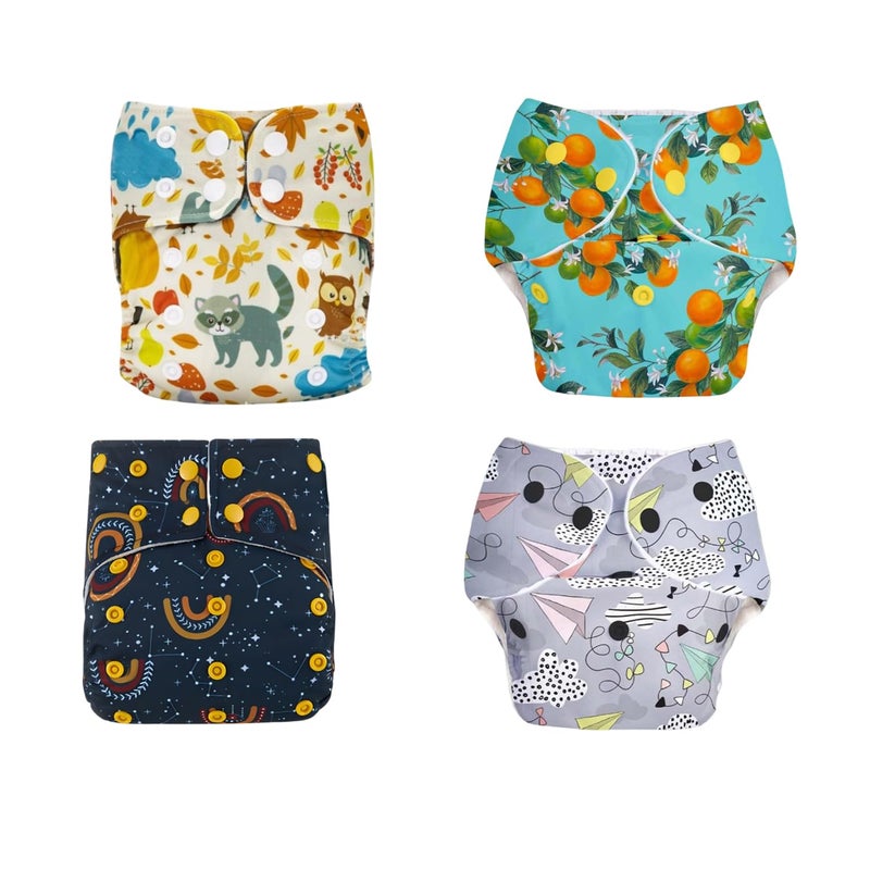 MOMSARC Assorted Pack of 4, Washable Cotton Diaper for New Born, 4 Cloth Diapers + 4 Insert Pads, Freesize Adjustable and Reusable Cloth Diaper for babies 0-3 Year, Multicolor Cloth Nappy for Newborn - Image 1