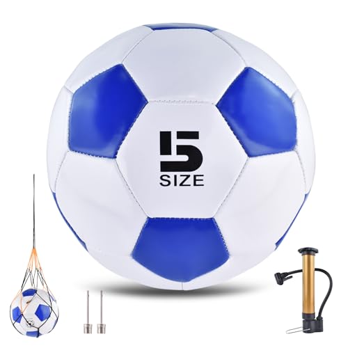 ELKCIP Classic deflated Soccer Balls Size 4/5 with Pump and Mesh Bag for Indoor Outdoor Lawn Game Training Practice Bulk Sport Gift for Beginner Adults, Blue, Size 5 - Image 1