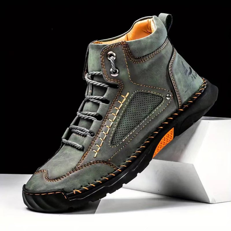 Plus-Size Men'S Leather Boots, Men'S Fashion Handmade Stitching Lightweight Ankle Boots, Mid-Top Flat Lace-Up Casual Shoes - Image 5