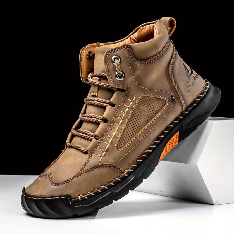 Plus-Size Men'S Leather Boots, Men'S Fashion Handmade Stitching Lightweight Ankle Boots, Mid-Top Flat Lace-Up Casual Shoes - Image 2