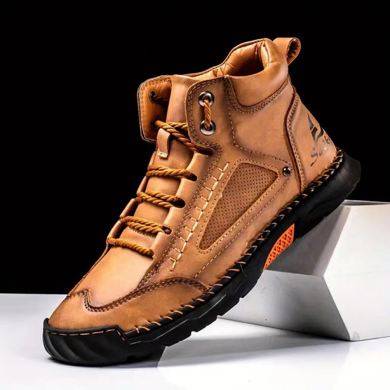 Plus-Size Men'S Leather Boots, Men'S Fashion Handmade Stitching Lightweight Ankle Boots, Mid-Top Flat Lace-Up Casual Shoes - Image 3