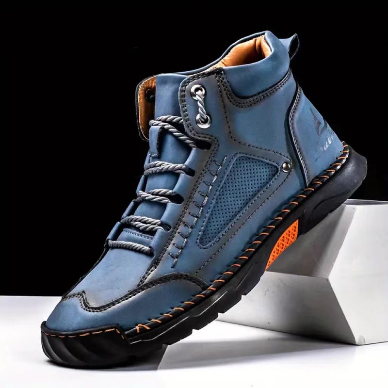 Plus-Size Men'S Leather Boots, Men'S Fashion Handmade Stitching Lightweight Ankle Boots, Mid-Top Flat Lace-Up Casual Shoes - Image 4